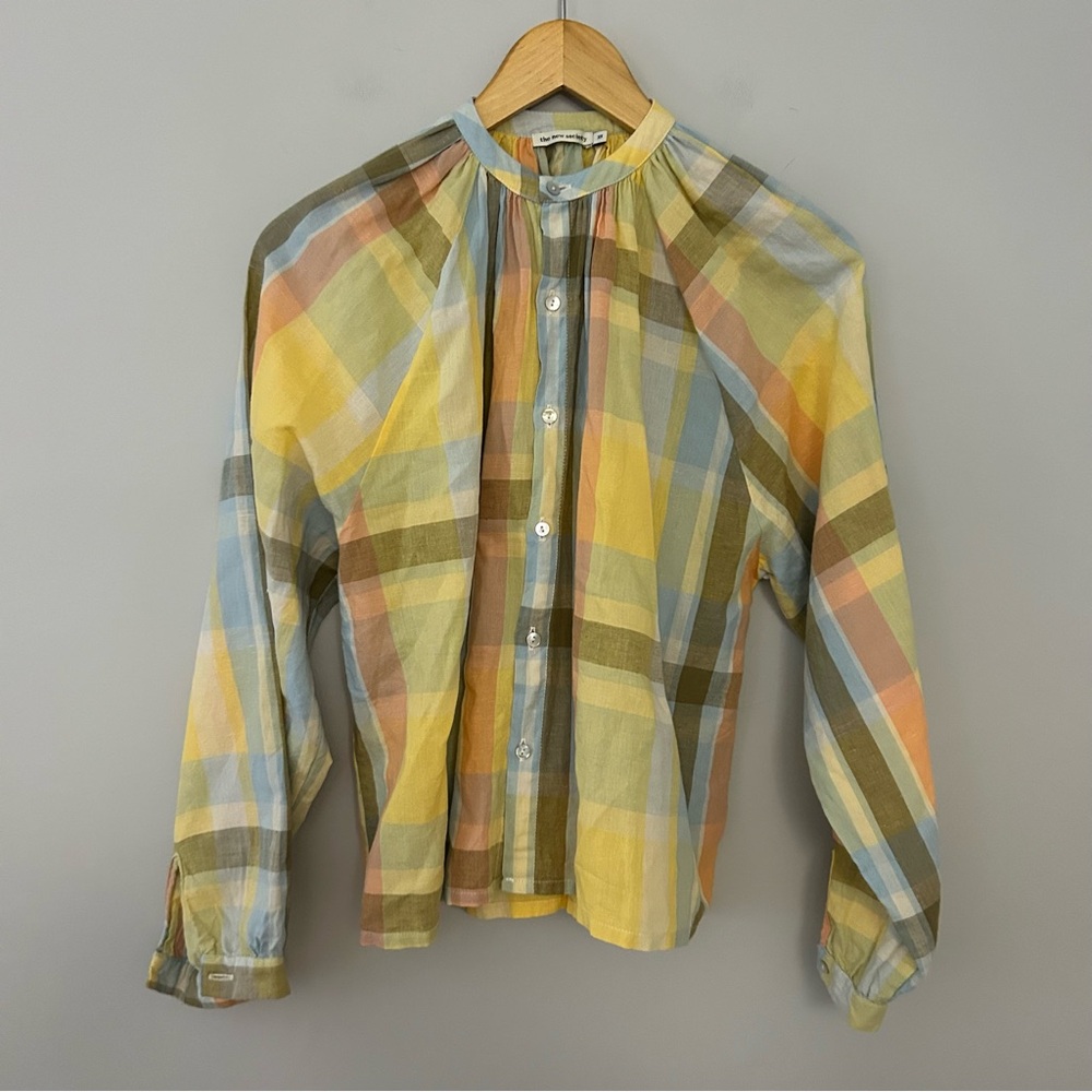 The New Society Woven Check Button Down Blouse